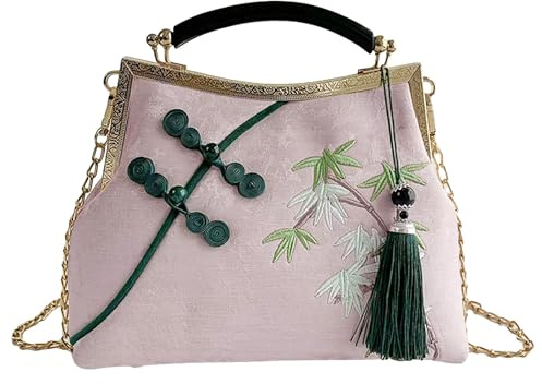 Anopo Clutch de Señora Bordada para Boda Boho Rosa Clutch con Borlas Bolso de Bandolera Vintage para Fiesta Nocturna