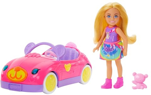 Barbie Chelsea-set med docka och leksaksbil, cabriolet med nalletema och nalletillbehör, blond liten docka klädd i avtagbar kjol och skor, HXN05