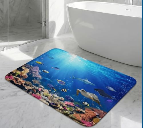 goodbath Badematte aus Memory-Schaum, rutschfest, Unterwasser-Ozeanwelt, super saugfähig, 60 x 40 cm, Blau