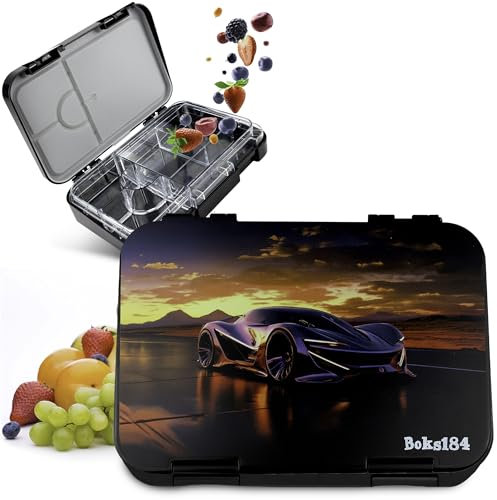 Boks184 Brotdose Kinder mit Fächern - Bento Box auslaufsicher - robust - BPA Frei Lunchbox - Brotbox für Schule, Kindergarten & Ausflüge - Snackbox -Vesperbox (Auto schwarz)