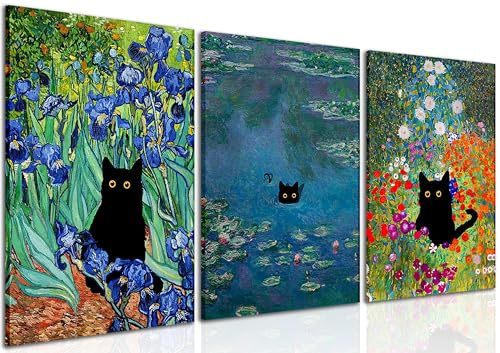 Monet Wandkunst Set Lustige Katze in Seerosen Leinwanddrucke Gartenblumen Schwarze Katze Aesthetic Bilder für Zimmer Schlafzimmer Wohnzimmer Badezimmer 40,6 x 61 cm gerahmt