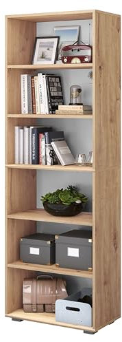 Bellamio Apol Bücherregal mit 6 Fächern - Standregal Holz in Eichenoptik - offenes Holzregal - stabiles Regal für Wohnzimmer, Büro & Arbeitszimmer - höhenverstellbares Aktenregal 176x60x33cm