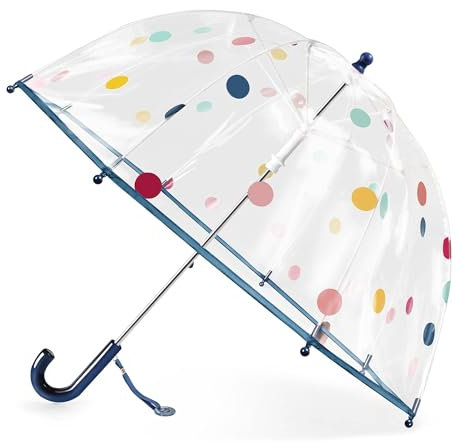 Kinder Regenschirm mit Kuppeldach - Leicht, Niedlich, Lustig, Wind- und Regenschutz, Transparent - Geschenk für Kinder (Blauer Punkt)