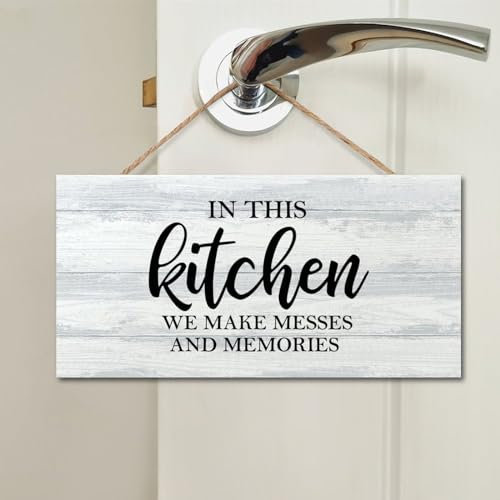 Targa da parete in legno con scritta in lingua inglese in this Kitchen We Make Messes And Memories, da appendere alla parete, rustica, per casa, ufficio, cucina, bagno, camera da letto, 10 x 20 cm