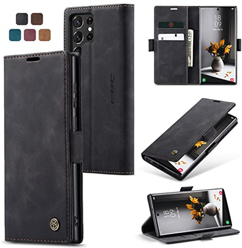 owlhold Hülle Samsung S22 Ultra klapphülle Premium Lederhülle Weiches Vintage-Nubukleder Faltbare Ständer Schutzhülle Kartenfach Standfunktion klapphülle Samsung Galaxy S22 Ultra 5G -Schwarz