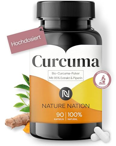 Nature Nation® Premium Curcuma - 90 Kapseln - Hoch verfügbares Curcumin mit Piperin - Hochdosierte Formulierung - Laborgeprüft, vegan, in Deutschland produziert