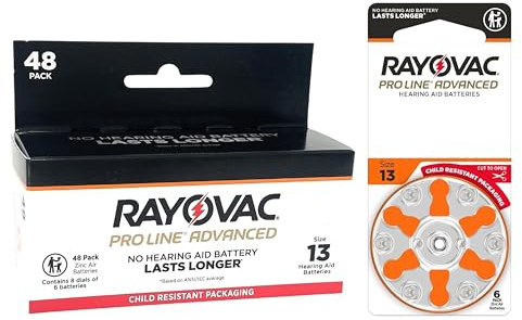 Rayovac Proline Advanced Hearing Aid Batteries | Size 13 | World's Longest Lasting Battery | Child-Resistant Packaging (48)
