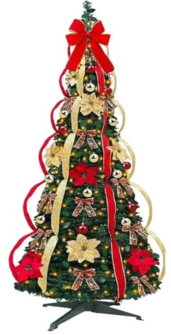 Genérico Árbol de Navidad Plegable, Árbol de Navidad Totalmente Decorado con Luces, Adornos de Cinta y Lazo para Decoraciones de Fiesta de Navidad
