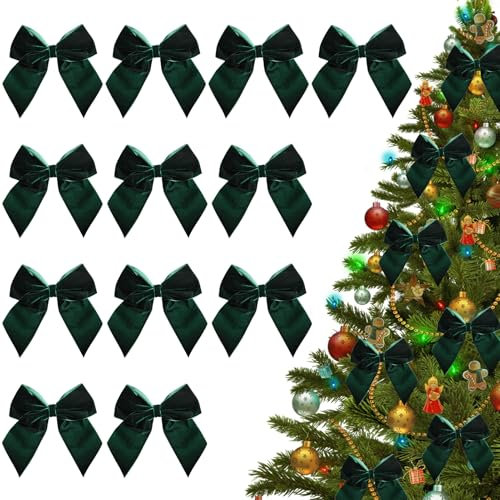 FUFRE Schleifen Weihnachtsbaum, 12 Stück Weihnachtsschleifen Samt, Weihnachtsbaum Deko Schleifen Samtschleifen, Rote Schleifen Weihnachten für Weihnachtsbaumschmuck Weihnachtsdeko (Grün)
