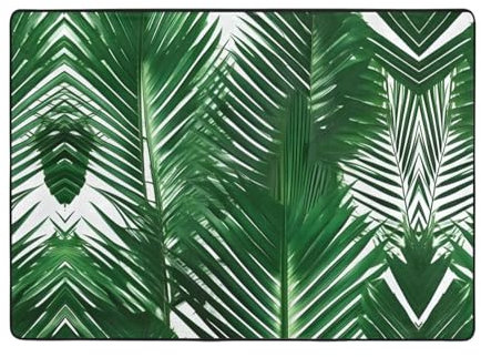 Alfombra de área de 80 x 58 pulgadas, alfombra con estampado de hojas de palma verde para sala de estar, oficina, mesa de café, cama, balcón