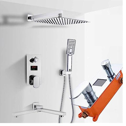 Juego de Mezclador de Ducha termostático con Pantalla Digital de Temperatura, Juego de Grifo de Ducha de baño Cromado, mezcladores de Cabezal de Ducha de Lluvia empotrados en la Pared, 3 ví