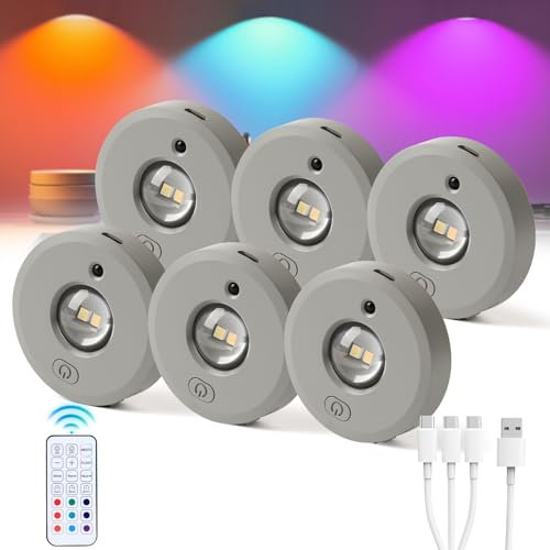 Viaik Luce Led Sottopensile RGB, Luci per Armadio con Telecomando, Senza Fili Luce Sottopensile Cucina Led, Dimmerabile, Ricarica di Tipo C Adatto per Armadi, Cucine, Camere da Letto, 6-Pack