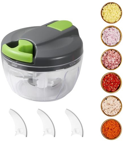 FHISKUNYU Hachoir Manuel - ​Coupe Oignon ​avec 3 Lames Incurvées en Acier Inoxydable, ​Mixeur Hachoir ​Polyvalent pour Légumes, Viandes & Herbes - Grande Capacité 520 ml, Sans Électricité