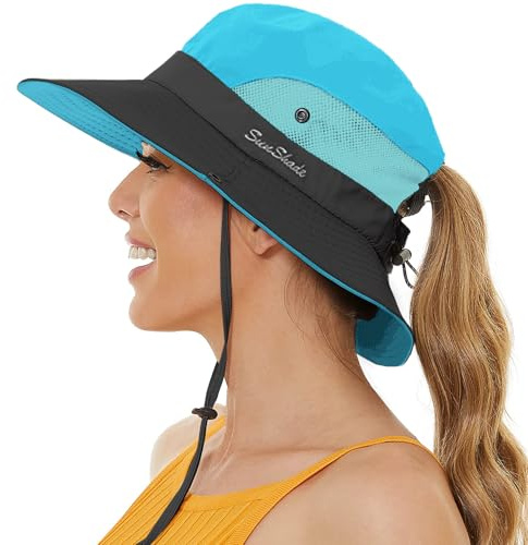 crazy bean Sombrero de Sol Mujer Gorro Pescador de Cola de Caballo Verano al Aire Libre UV Protección Sombreros Plegable de Malla Viseras para Playa Senderismo Safari Azul