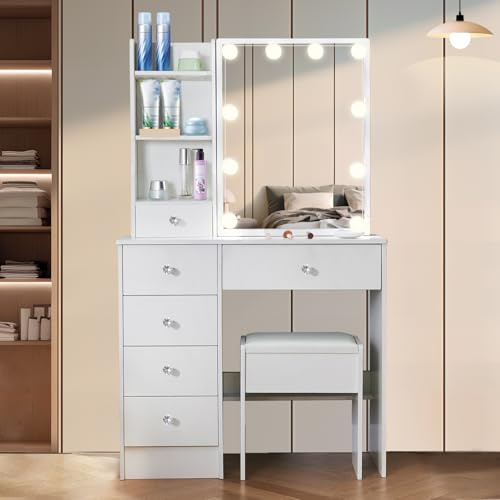 Vanrste Tavolo da toeletta con illuminazione, tavolo da toeletta con specchio e sgabello, tavolo cosmetico bianco in MDF – 6 cassetti, 6 ripiani per camera da letto 80 x 36 x 130 cm