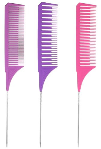 HJZHII 3PCS Highlighting Combs, Professional Hair Dye Comb Stylist Pintail Combs Weaving Comb with Long Stainless Steel Rat Tail 3 Sizes for Home Barbershop Salon(Purple, Magenta, Light Purple)