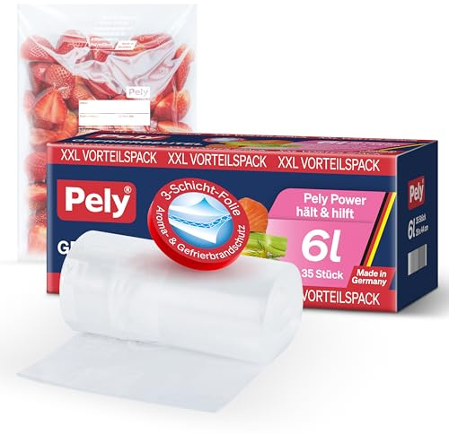 Pely® Power Gefrierbeutel, 6 Liter, 35 Beutel, 29x44cm,XXL Vorteilspack, Rundumschutz für Aroma und Geschmack, made in Germany (6 Liter)