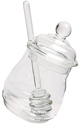 DONFAMDS Tarro contra Cucharón con Transparente de Vidrio 280ml de Miel Polvo y Protección Recipiente Almacenar Miel con Diseño Artesanal para Uso Doméstico