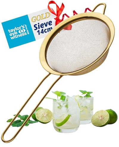 Tamiz resistente de 14 cm, color dorado, colador de malla fina con mango de agarre extra, apto para lavavajillas y duradero para cocinar profesional, hornear, té, pasta, harina, arroz y mucho más