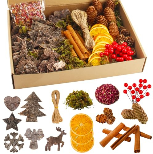 Vaskula 129 Pièces Décoration de Couronne Noël avec Pommes de Pin Tranches Orange Séchées Bâtons de Cannelle Couronne de Noël pour Couronne Guirlande Décoration de Bricolage de Noël
