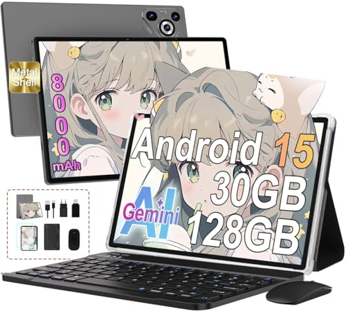 Dghrti Tablette Android 15 【30Go RAM 128Go+1To】- Écran IPS HD 10 - 【Octo-Core 8000mAh WiFi 6】- Caméras 【5MP+8MP Face ID】- Corps Métal - Tablet avec Clavier & Souris - Gris