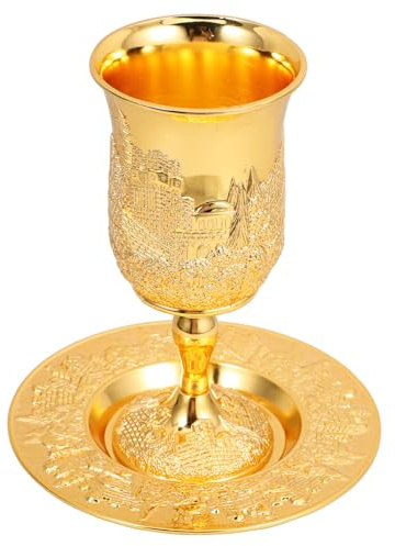 MUELODSIC Copa de Kidush de Metal Dorada con Platillo Copa Sagrada para Vino de Shabat y Pésaj Juego Decorativo Judaica para Ceremonia Religiosa y Obsequio Festivo