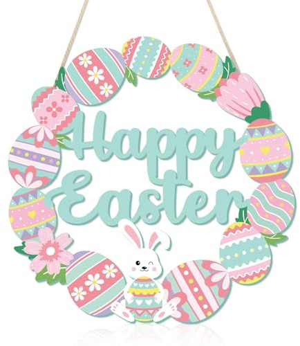 Easter Decorations Home Happy Bunny Eggs Wood Wreath Sign For Indoor And Outdoor Front Door Porch Window Wall Hanging Decor Cute Pink Green Spring Decoration For The Home