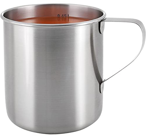Tatonka Edelstahl-Becher Mug (450 ml) - Einwandiger Trinkbecher mit 0,45l Volumen, Griff und Volumenskalierung - Lebensmittelecht, unzerbrechlich, schadstofffrei - Ø 9 x 9,5 cm, 1 Stück (1er Pack)