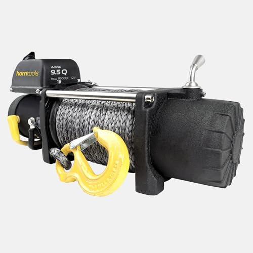 Horntools Seilwinde Alpha, 4,3 Tonnen, Querstreben aus Edelstahl, Seilwinde für Auto, Offroad, Selbstbergung, Anhängerwinde, Bootswinde, Jagdwinde (Kunststoffseil, Quick 12 Volt)