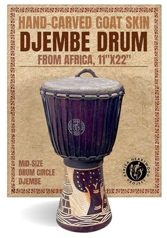 Africa Heartwood Project Hand-Carved Djembe Drum from Ghana - 11x22 Authentic African Drum Circle Village Djembe - Solid Wood & Natural Goat Skin - Ready to Play Out of the Box Musical Instrument