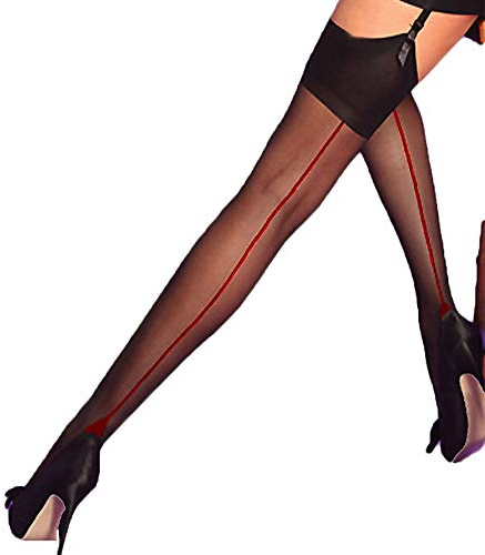 Yummy Bee Sheer Seamed Stockings for Women - Plus Size Stockings for Suspenders Fully Fashioned Size 8-18 Nylon Black Nude Red Seams Tall XL UK Thigh Highs (Black-Red, M)