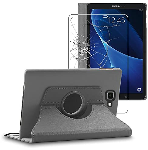 ebestStar - Hülle für Samsung Galaxy Tab A6 Tab A 10.1 (2018, 2016) T580 T585, Drehbar Schutzhülle, PU-Lederhülle, Rotierende Ständer Etui, Rotating Case Cover, Grau + Panzer Schutz Glas