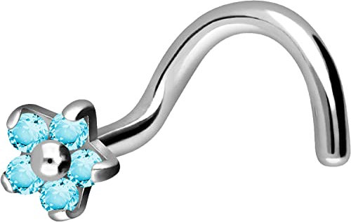 PIERCINGLINE Nasenpiercing TITAN BLUME mit 5 KRISTALLEN Piercing Nase Stecker Spirale Silberfarben Hellblau