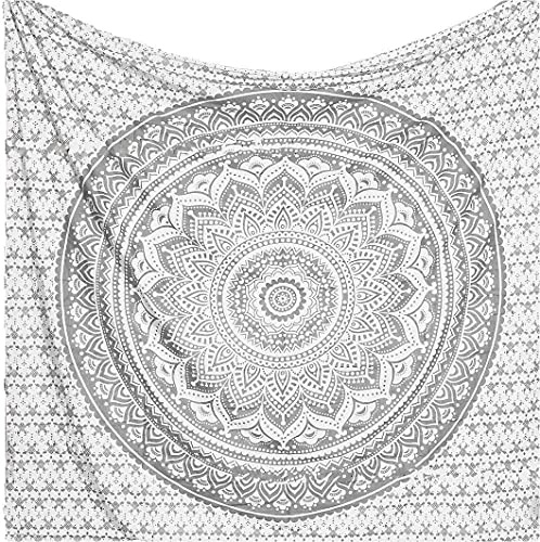Popular Handicrafts Wandteppich, Wandbehang, Ombré-Stil, Hippie-Mandala, Bohemian, Hippie, aufwendige indische Wandteppiche, Tagesdecke, 140 x 152 cm, Silber