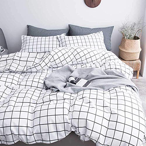 AShanlan Bettwäsche 200x200 cm Weiß Kariert Bettbezug und 2 Kissenbezug 80x80 cm Microfaser Aesthetic Bettwäsche-Set mit Reißverschluss