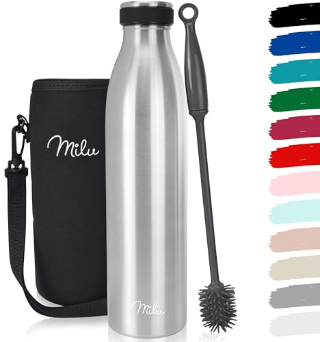 Milu Edelstahl Trinkflasche 500ml 750ml 1L 1,5L Thermosflasche, Isolierte Wasserflasche, Auslaufsichere Isolierflasche doppelwandig, Kohlensäure geeignet – inkl. Reinigungsbürste (Edelstahl, 750ml)