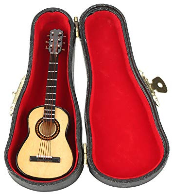 Wakects Miniatur Gitarrenmodell, Mini Holzgitarre, Musikinstrument Modell, Puppenhaus Zubehör mit Ständer und Koffer für die Desktop Dekoration zu Hause, 10 cm