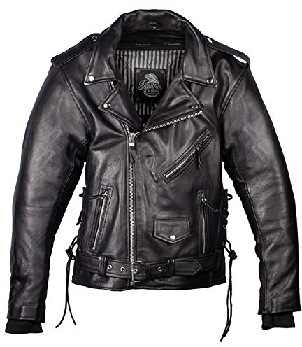 IGUANA CUSTOM - Chaqueta de moto de piel para hombre de estilo rockero CRUZADA de cuero de primera calidad, con protecciones y forro térmico desmontable. (4XL)