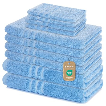 Lavea® Lyxiga & Mjuka Badhandduksset 10 delar – 100% Bomull – 4 Handdukar, 2 Badlakan, 2 Gästhanddukar, 2 Tvättlappar – för Hem, Hotell och Spa – Delfinblå