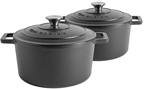 Argon Tableware 4.5L Round Cast Iron Casserole Dishes with Self-Basting Lids - Matte Black - 2 Pack Induction Hob Cooking 4.75QT Dutch Oven Bread Baking Serving Roasting Stew Stock Pot Cookware Pan