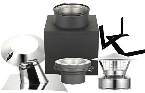 AllFuel HST Cathedral Ceiling Kit with Spark Guard Chimney Cap for 6 Diameter 304 Stainless Steel Class-A Double Wall Chimney Pipe (11 Square Ceiling Support Box, 1/12-6/12 Pitch Roof Flashing)