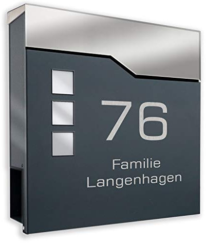 Zalafino Briefkasten anthrazit RAL 7016 mit Beschriftung - individualisierbarer Design-Briefkasten aus pulverbeschichtetem Stahl mit Zeitungsrolle und 3 Sichtfeldern
