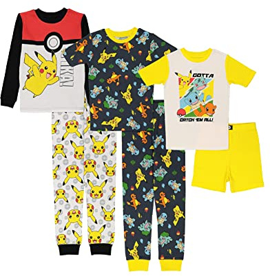 Pokemon Boys’ 6-Piece Snug-Fit Cotton Pajamas Set, Poke Treasure, 6