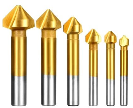 6pcs Senkbohrer Set Rundschaft 3Flute 90 Grad HSS Fase Fasenfräser Schaftfräser Werkzeug Bohrer Set 6,3-20,5 MM,6 Stück Gold