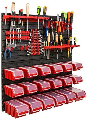 Lagersystem Werkstattregal | 78 x 78 cm | 18 stck. Box | Wandregal mit Werkzeughalterungen und Stapelboxen - Wandplatten Extra Starke Schüttenregal Warkzeuglochwand Lagerregal Garage Regal (3)