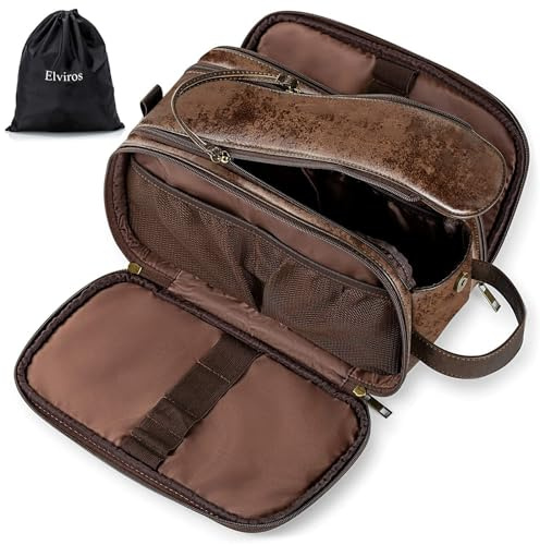 Elviros Kulturbeutel Herren, Geschenke für Männer, PU-Leder Wasserdicht Reise Große Öffnung Kulturbeutel, Geeignet für Reisen, Geschäftsreise, Fitness, Badezimmer, Schokolade, Größe: M