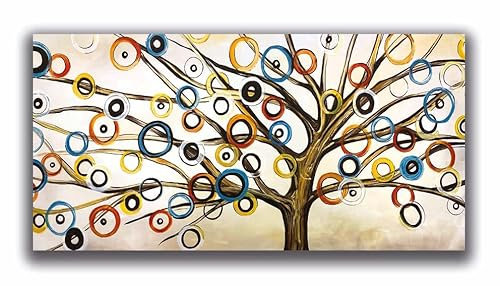 DIAMOND HOME Dipinto a Mano Acrilico su Tela con Telaio d'Abete - Quadro Materico Rettangolare con Dettagli in Rilievo - Made in Italy da Pittori Specializzati (50x100) ALBERO CERCHI-50x100