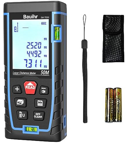 Bauihr Laser Measure Device, 50M/165ft Laser Distance Measure with 2 Bubble Levels, Portable Lazer Measurement Tool with Large Backlit LCD Display, Waterproof IP54, Battery Included