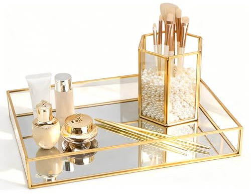 Tissting Plateau en Verre Miroir, Boîte de Rangement Rectangulaire pour Bijoux, Présentoir Vintage en Or pour Parfum, Cosmétiques (Medium)