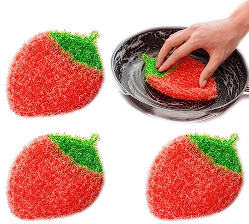 Wudaizhi 4pcs Scouring Pads Fruit Strawberry Shaped Sponge Dish for Kitchen Sink Dishes Bowl Plate Cleaning, Red